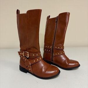 Piper Brown Mid Calf Boots Girl's 12 Country Western Riding Buckle Stud Pleather